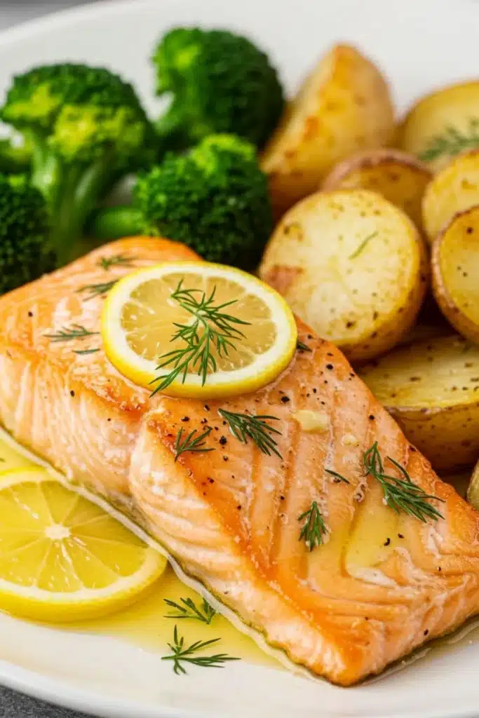 Lemon Butter Salmon with Crispy Potatoes and Broccoli