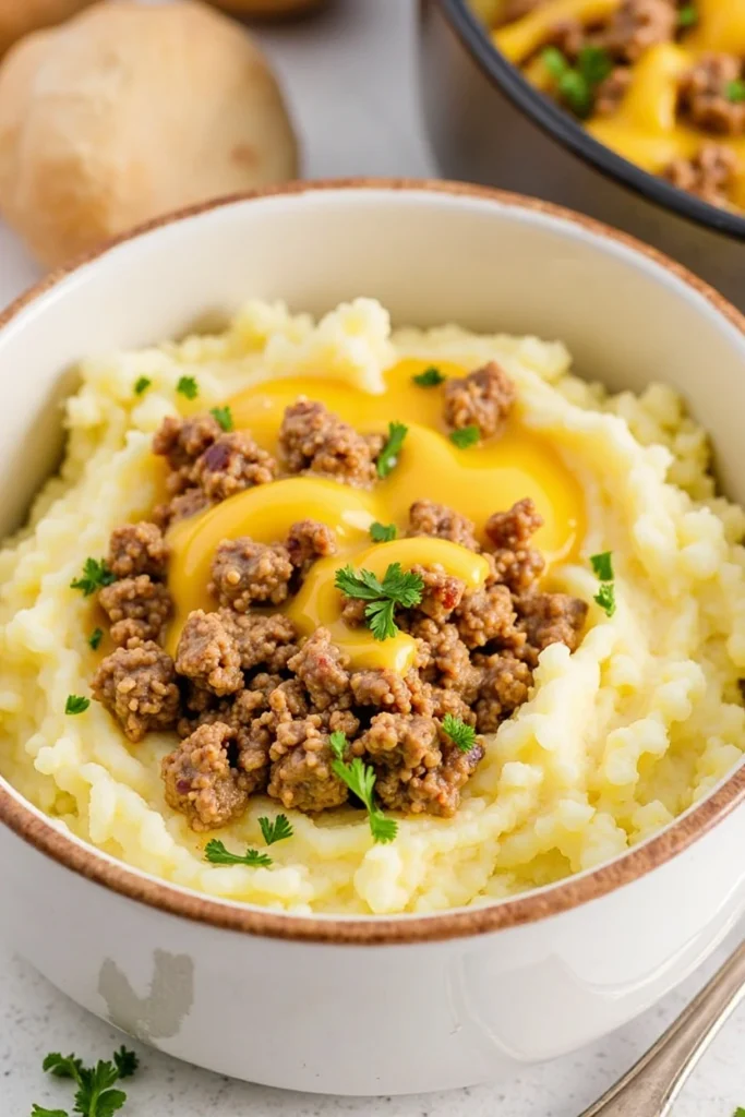 Cheesy Ground Beef Mashed Potatoes