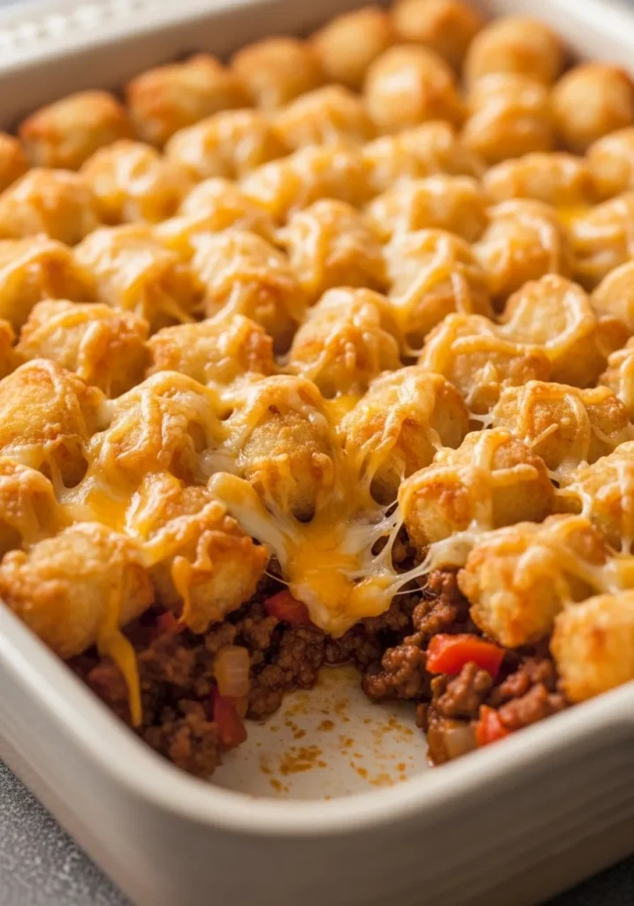 Cheesy Tater Tot Casserole with Ground Beef and Rotel
