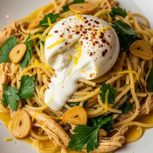 Chicken Spaghetti with Burrata and Garlic Lemon Butter Sauce