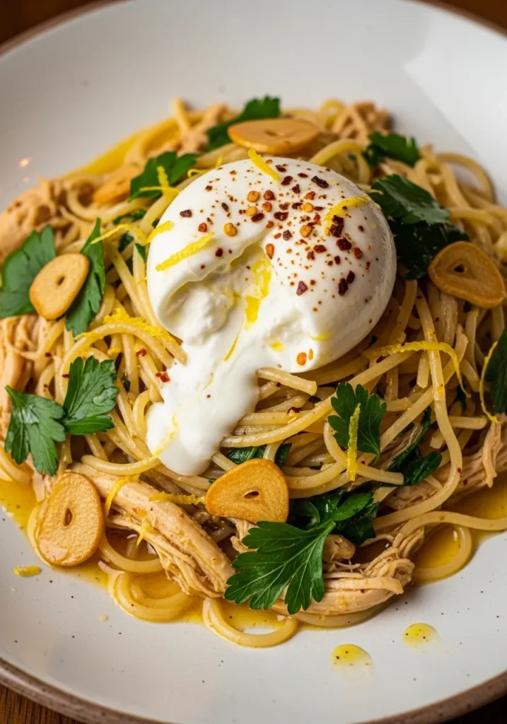 Chicken Spaghetti with Burrata and Garlic Lemon Butter Sauce