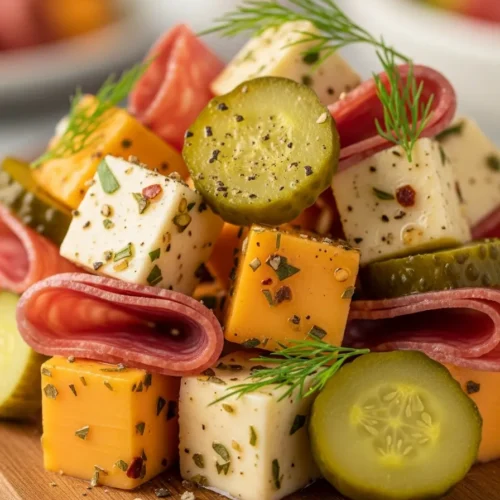 Easy Marinated Cheese Appetizer With Salami & Pickles