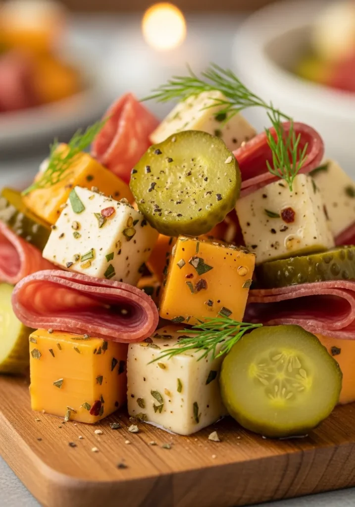 Easy Marinated Cheese Appetizer With Salami & Pickles