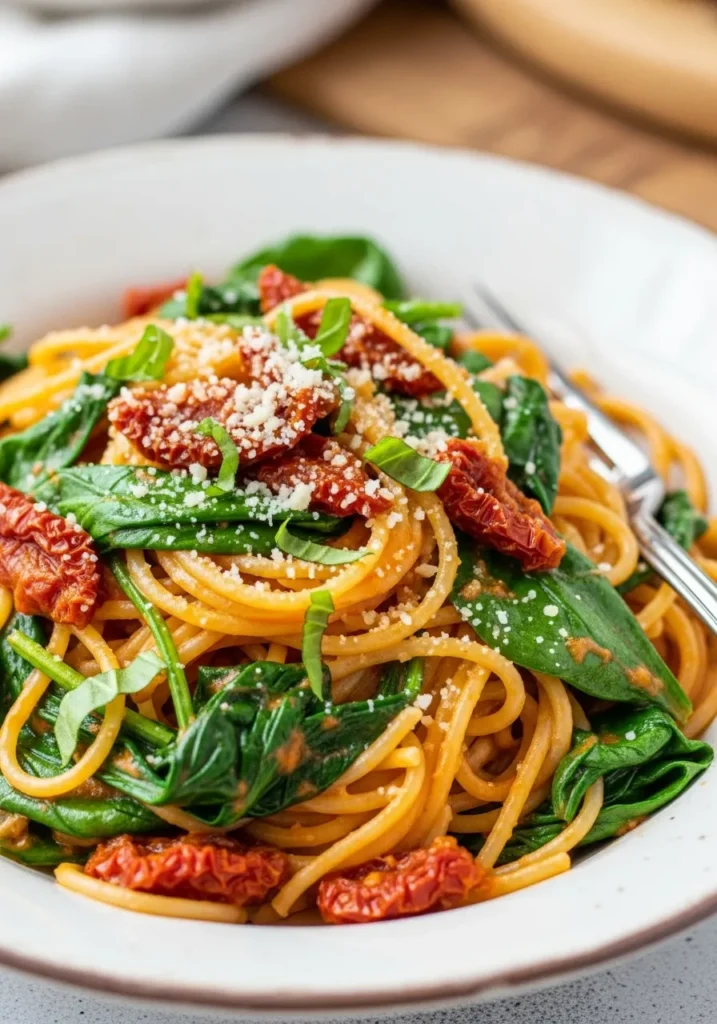 Spaghetti & Spinach with Sun-Dried Tomato Cream Sauce