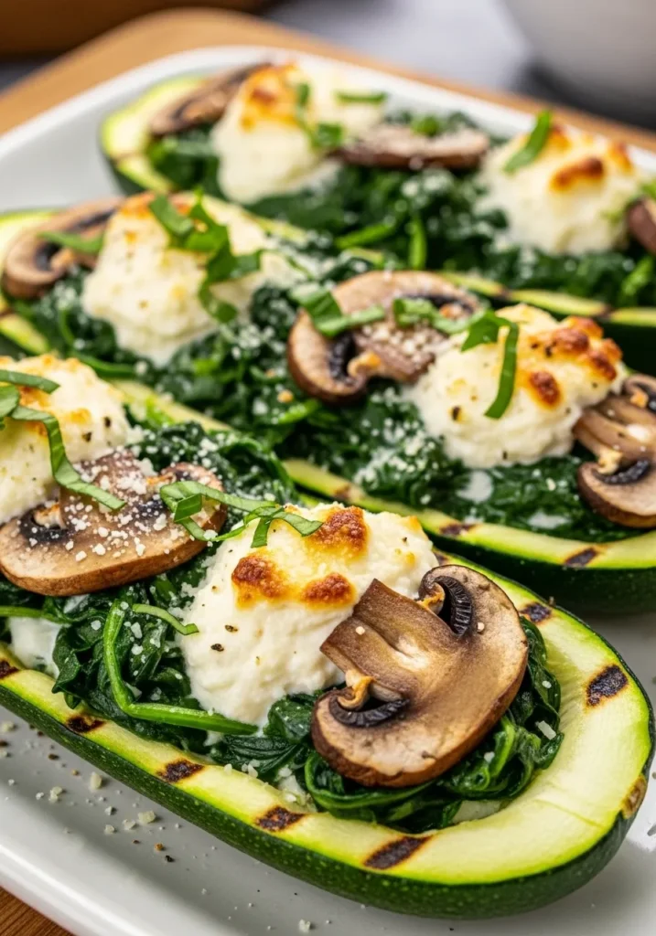 Spinach, Mushroom, and Ricotta Stuffed Zucchini