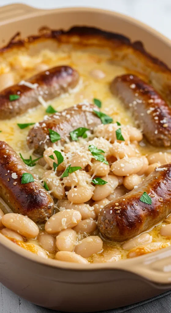 Creamy Tuscan Sausage and White Bean Bake