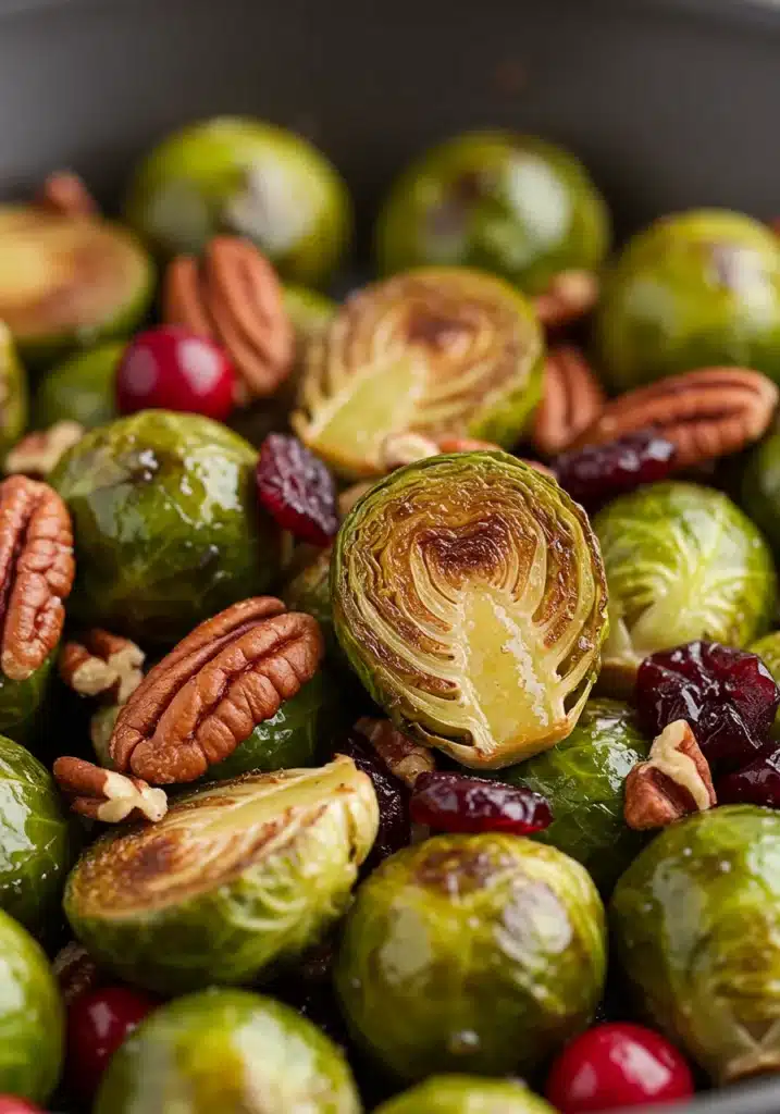Maple Roasted Brussels Sprouts with Pecans and Cranberries