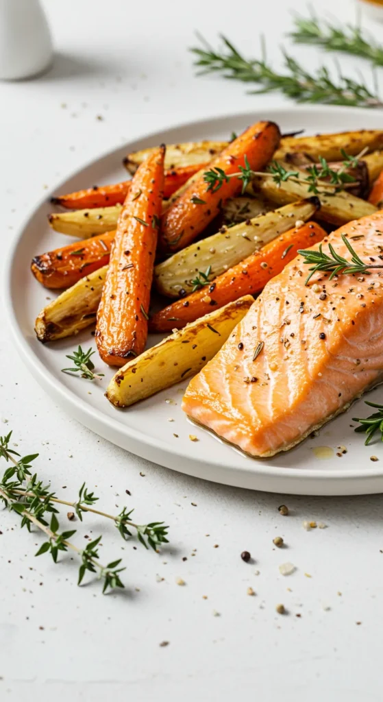 Roasted Root Veggie Medley with Salmon