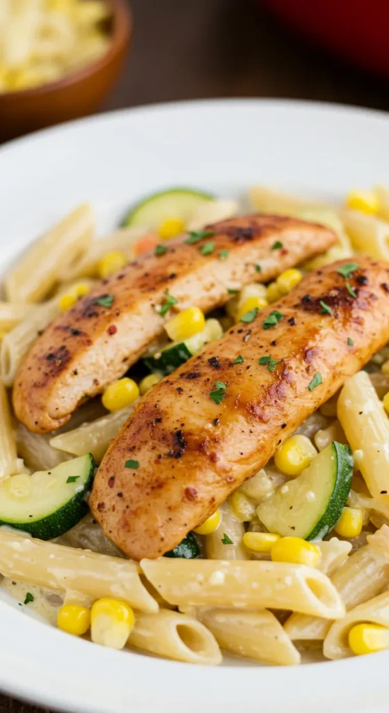 Southwest Chicken Alfredo with Corn and Zucchini
