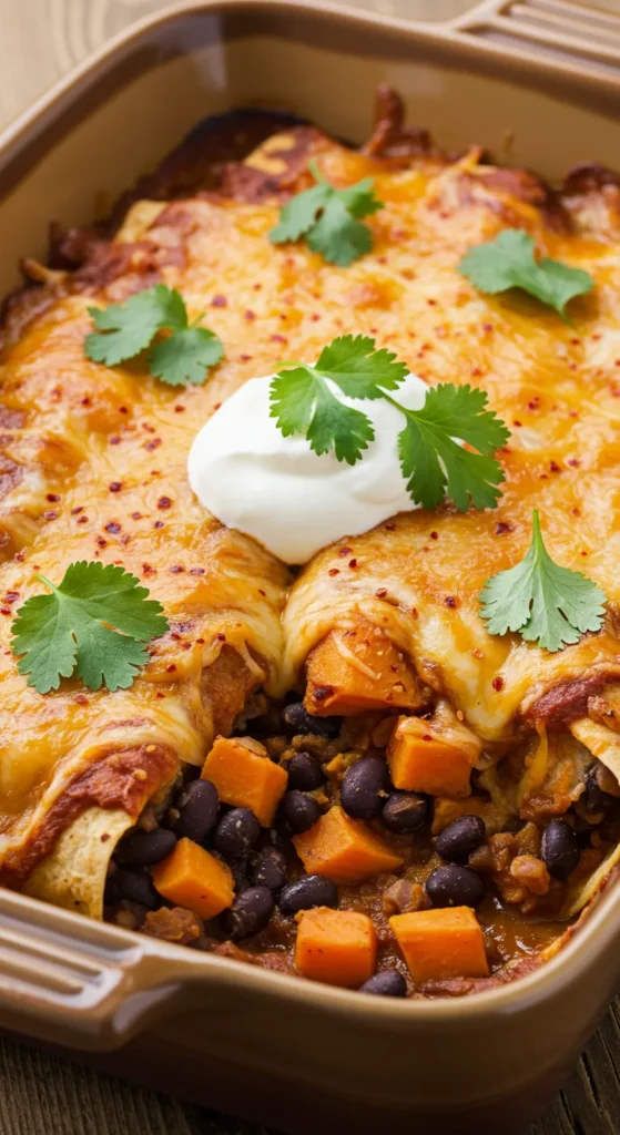 Spicy Black Bean and Sweet Potato Enchilada Casserole