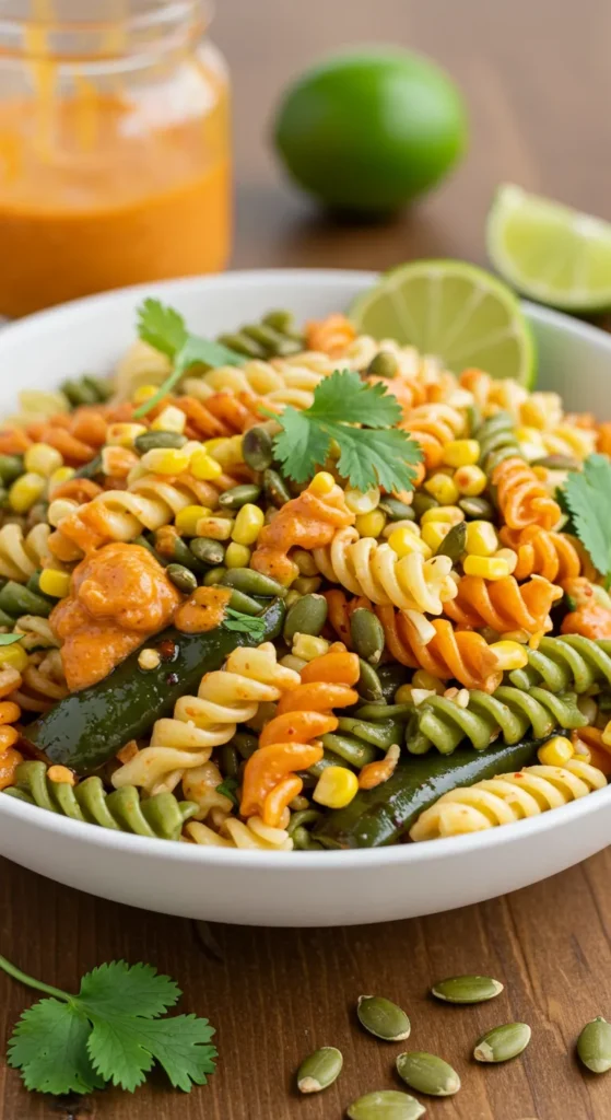 Spicy Pumpkin Seed & Poblano Street Corn Pasta Salad