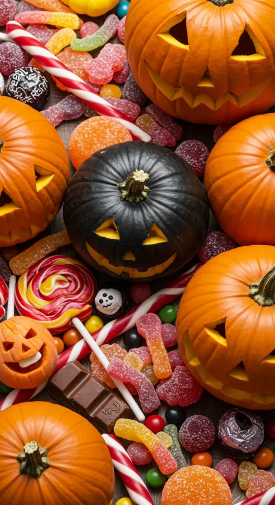 Beautiful Halloween Candies And Pumpkins Wallpaper