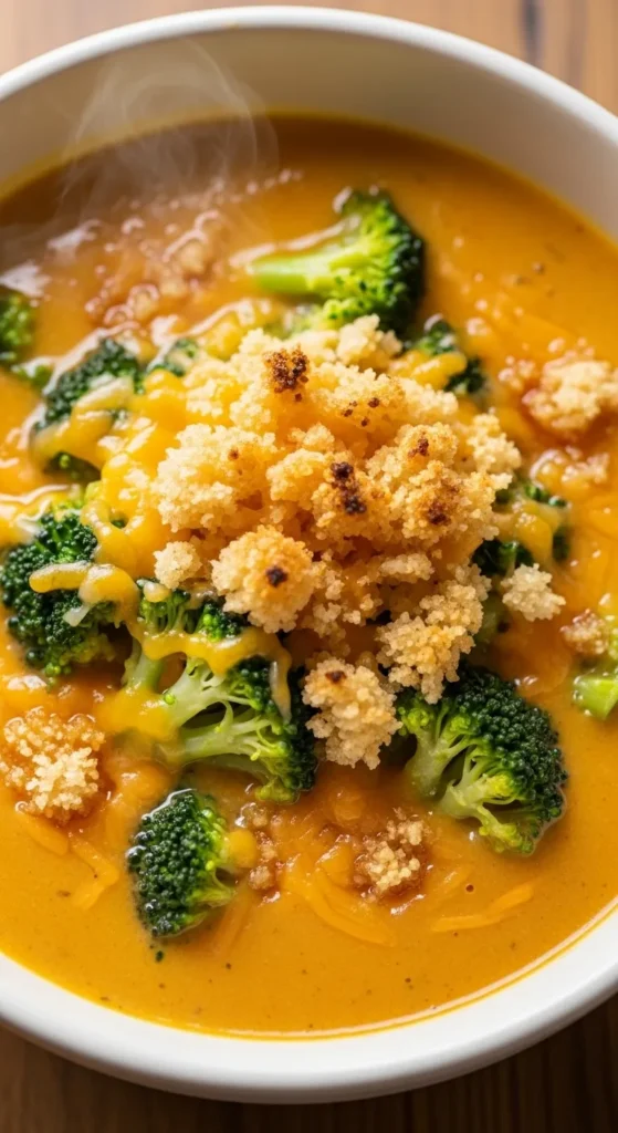 Creamy Broccoli Cheddar Soup with a Golden Topping