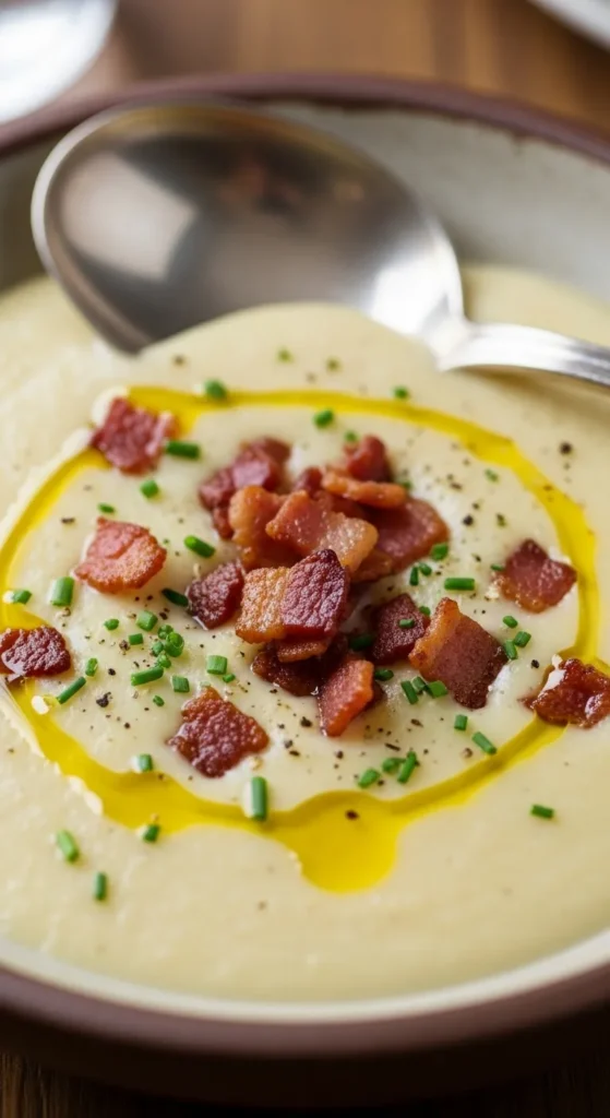 Creamy Cauliflower Soup with Crispy Bacon