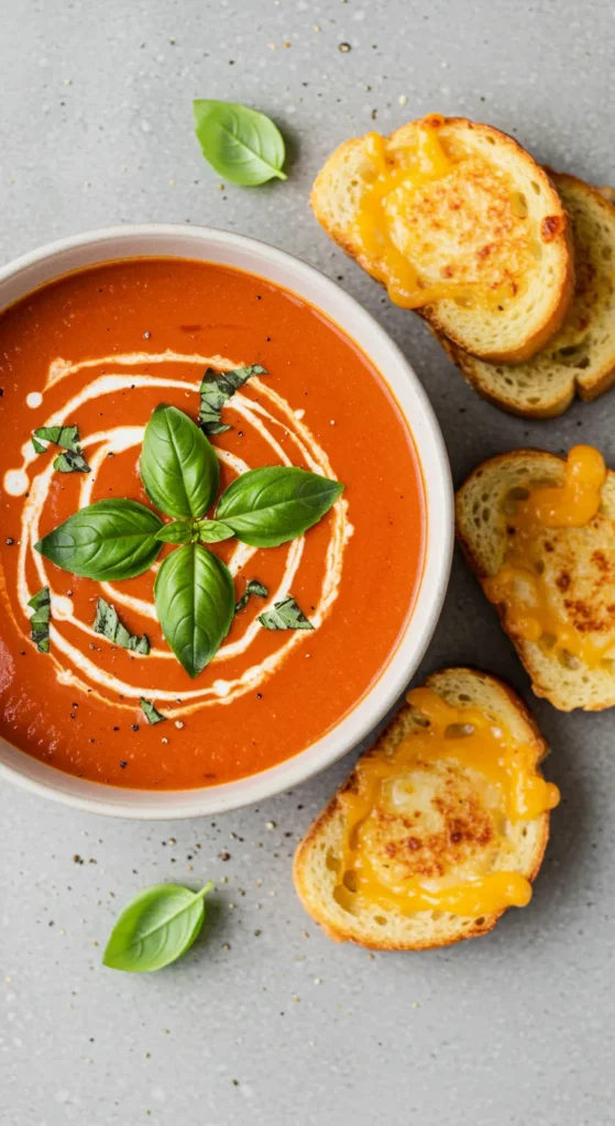 Creamy Tomato Basil Soup with Grilled Cheese Dippers