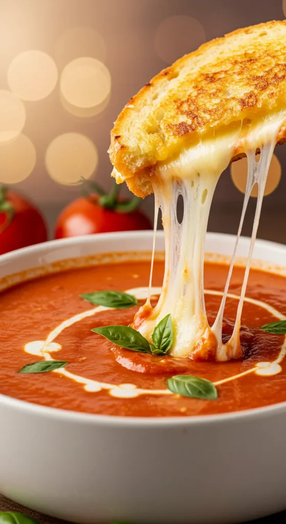 Creamy Tomato Basil Soup with a Grilled Cheese Dunk