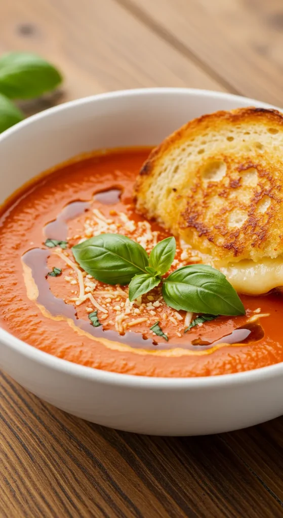 Creamy Tomato Basil Soup with a Grilled Cheese Dunk