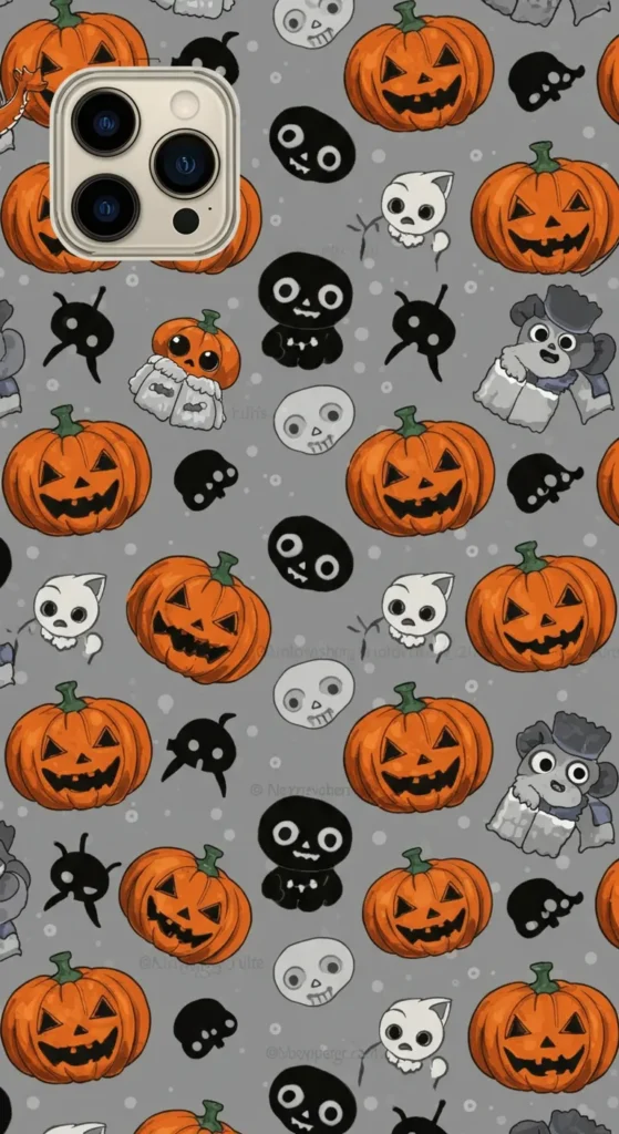 Cute Halloween iPhone Pattern In Gray Wallpaper