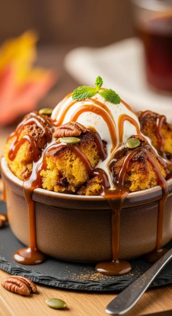 Pumpkin Bread Pudding with Caramel Drizzle