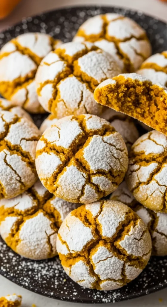 Pumpkin Crinkle Cookies Dusted with Powdered Sugar