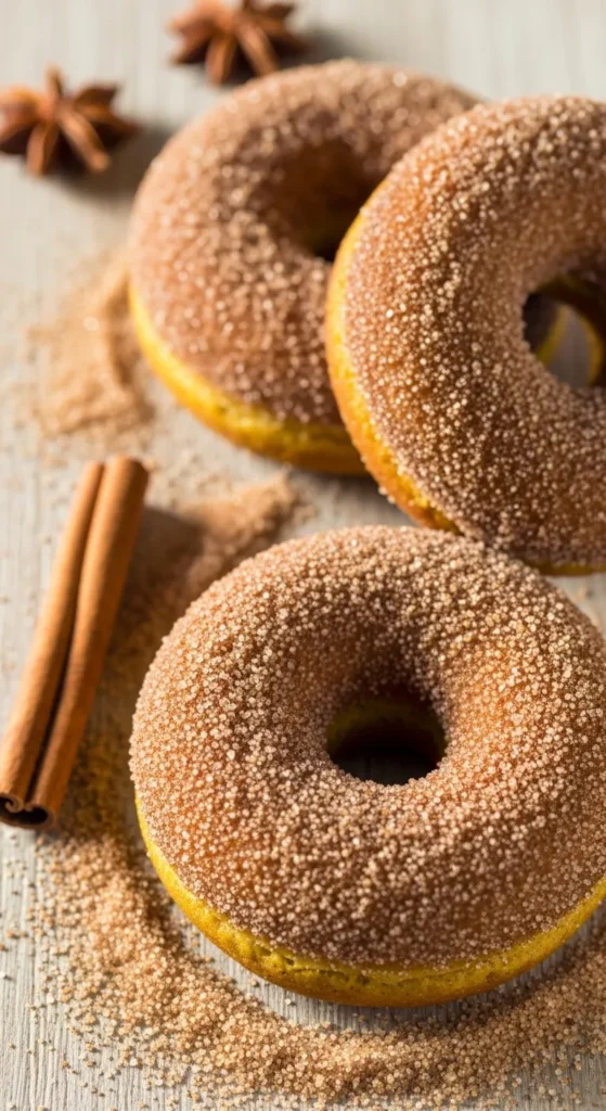 Pumpkin Spice Donuts Coated in Cinnamon Sugar