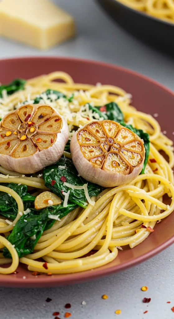 Roasted Garlic and Spinach Spaghetti