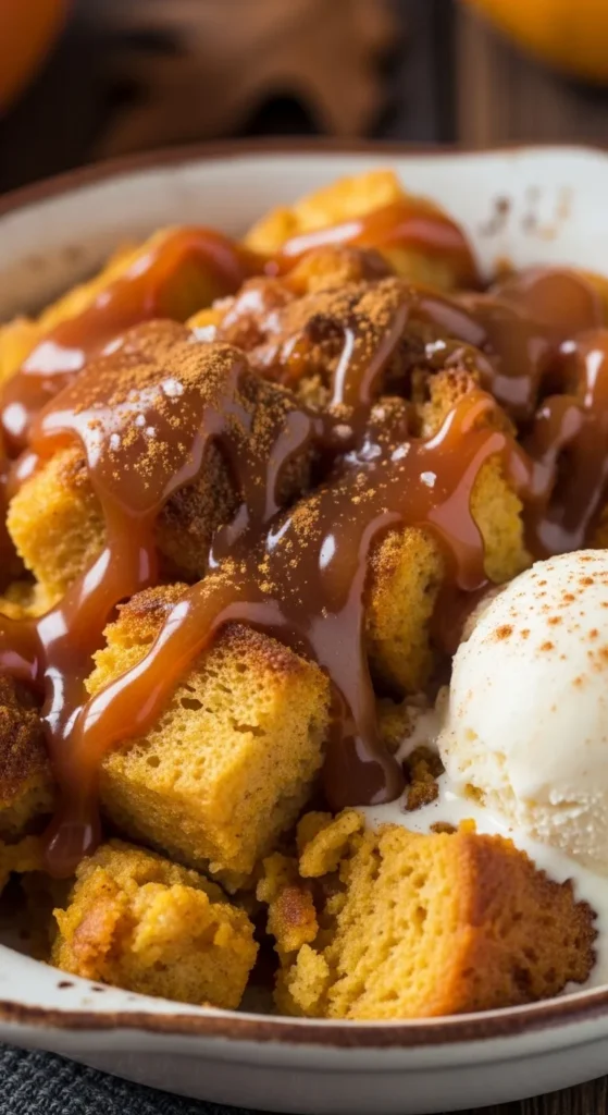 . Bourbon Pumpkin Bread Pudding with Salted Caramel Drizzle