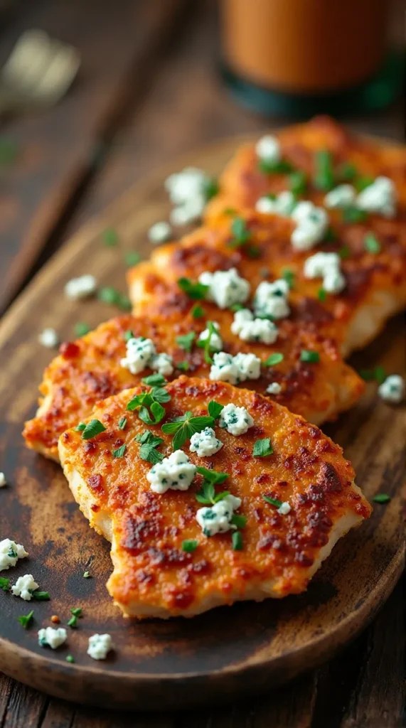 Buffalo Turkey Cutlets with Blue Cheese Drizzle