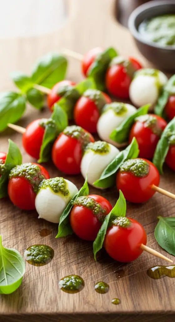 Caprese Salad Skewers with Pesto Drizzle