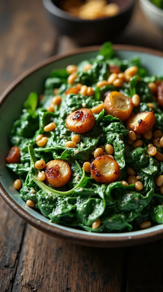 Creamed Spinach with Crispy Shallots