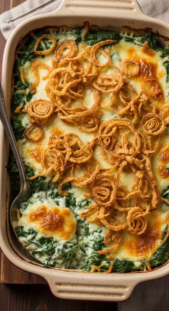 Creamy Spinach Gratin with Crispy Onions