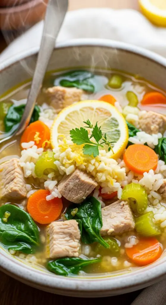 Lemon Garlic Turkey Rice Soup