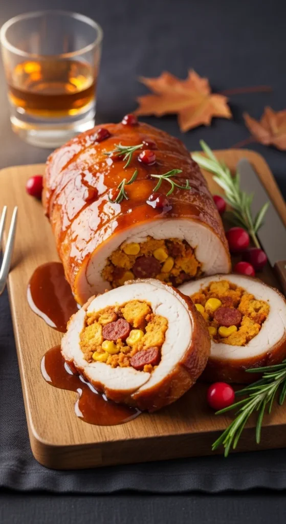 Maple-Bourbon Glazed Turkey Breast Roulade Stuffed with Chorizo-Cornbread