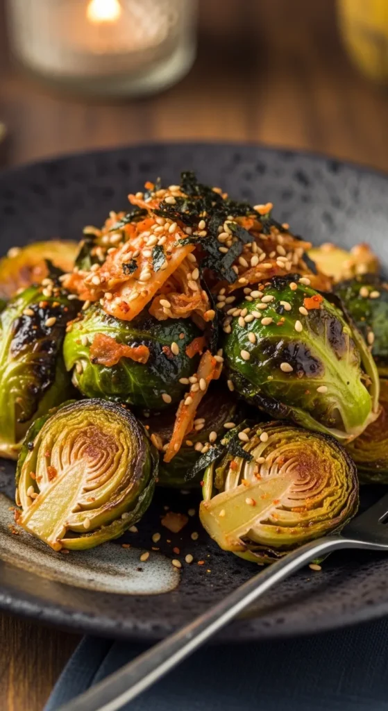 Miso-Butter Roasted Brussels Sprouts with Kimchi Furikake