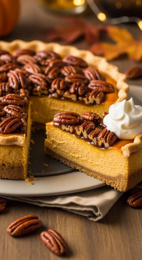 Pumpkin Cheesecake Pie with Pecan Topping