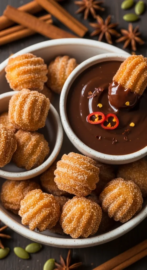 Pumpkin Spice Churro Bites with Chili Chocolate Dip