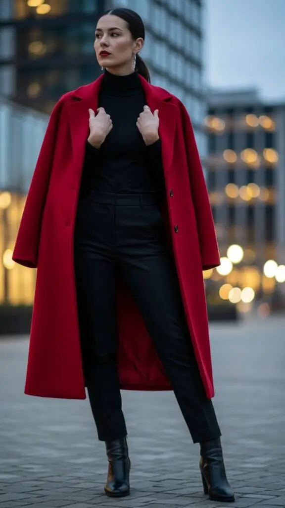 All-Black Outfit + Statement Red Coat