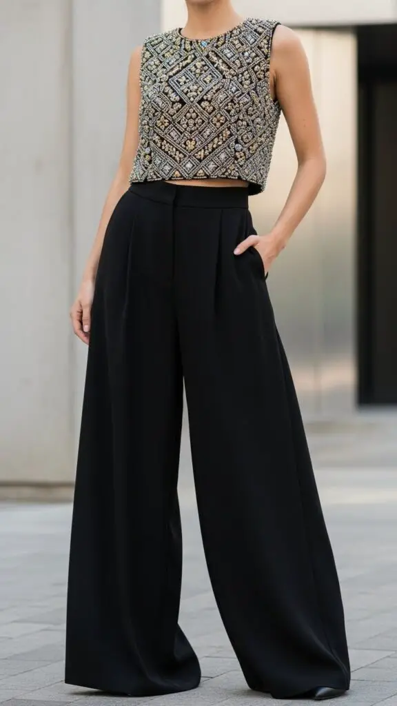 Beaded Top + Wide-Leg Pants