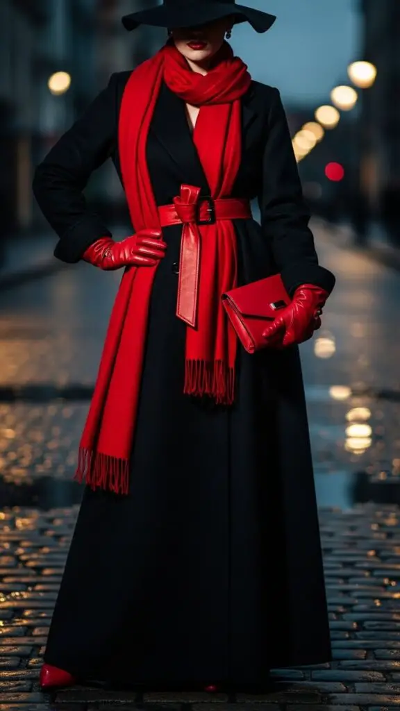 Black Coat + Red Accessories