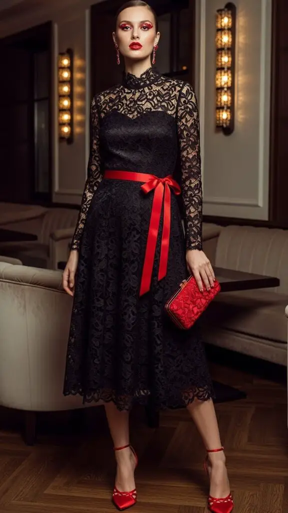 Black Lace Dress with Red Accessories