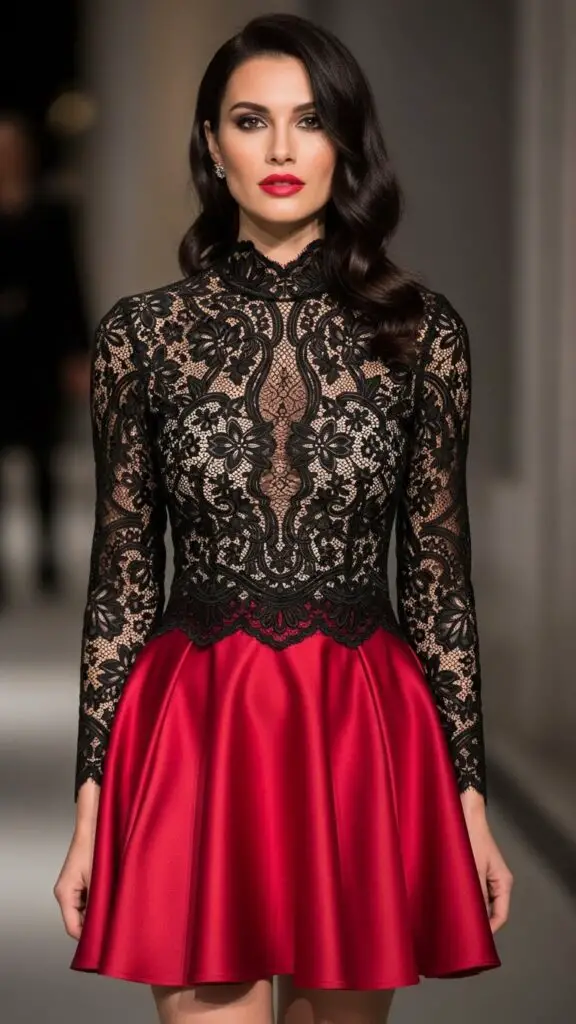 Black Lace Top with Red Skirt