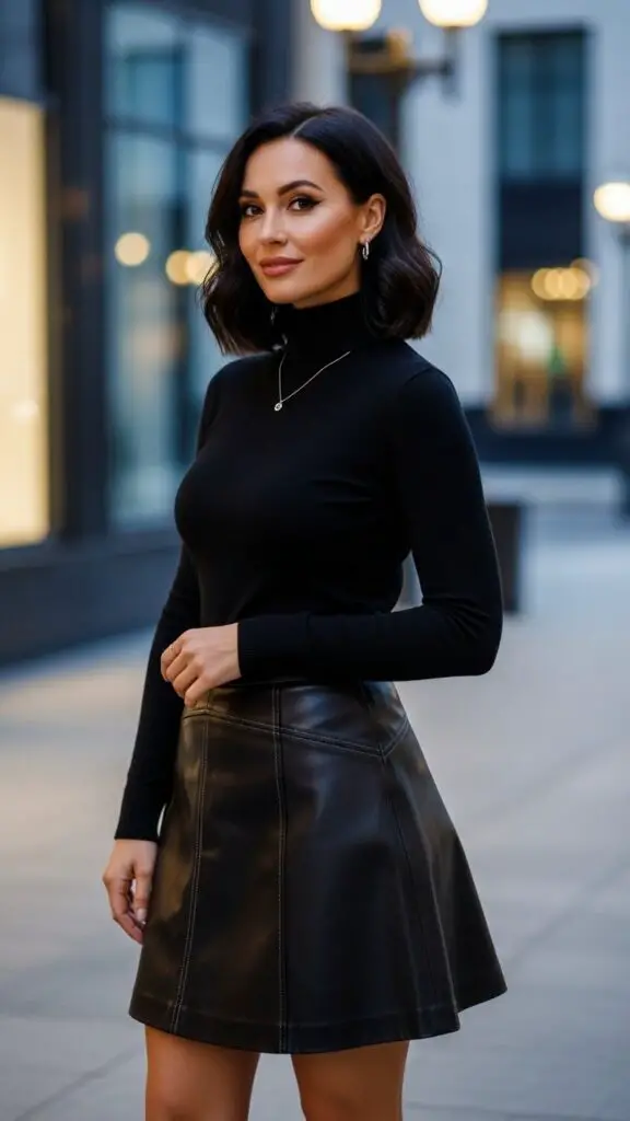 Black Turtleneck + Leather Skirt