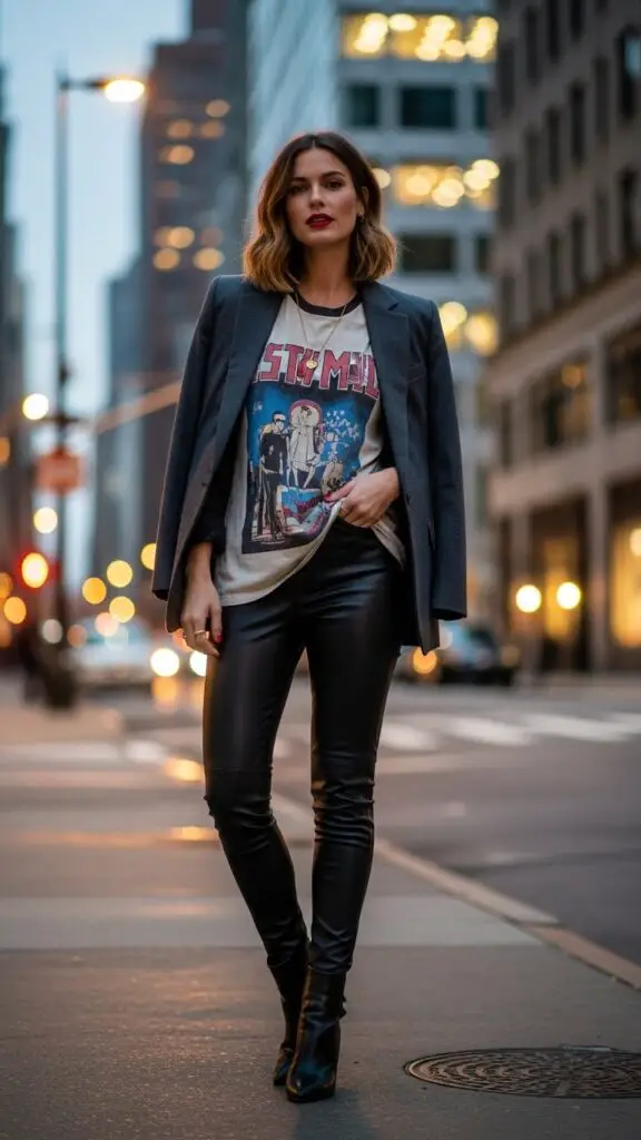 Blazer + Graphic Tee + Leather Leggings