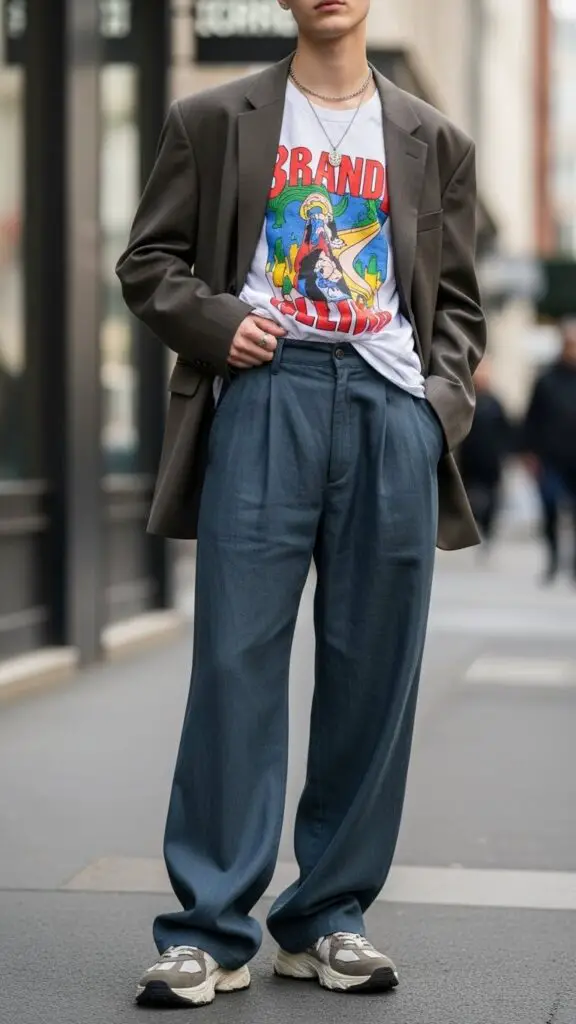 Blazer + Graphic Tee + Wide-Leg Pants