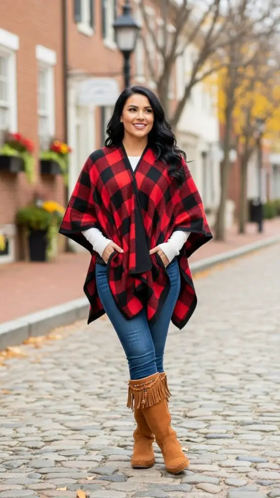 Buffalo Check Poncho + Skinny Pants + Moccasins