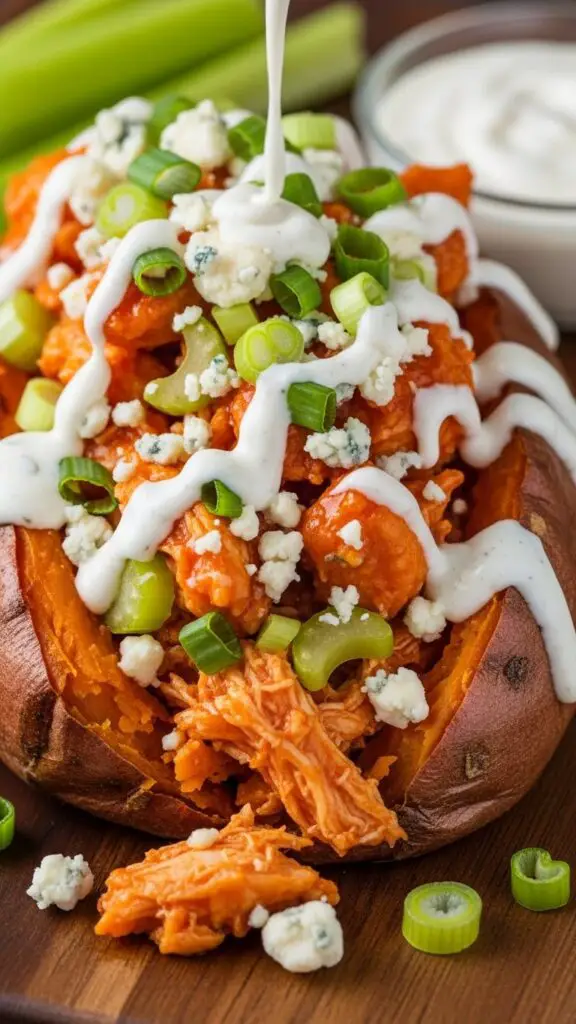Buffalo Chicken Stuffed Sweet Potatoes