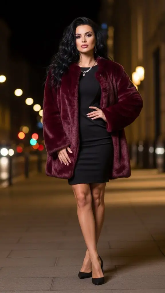 Burgundy Faux Fur Coat over Little Black Dress