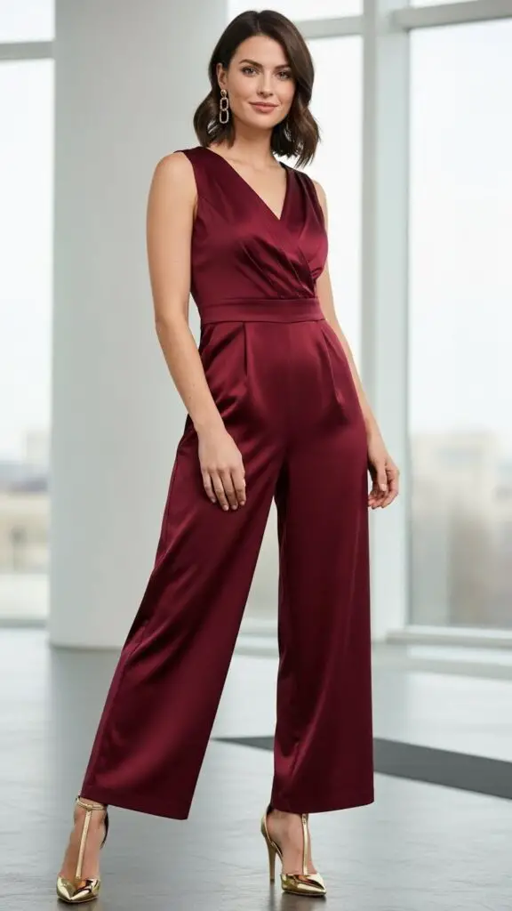 Burgundy Jumpsuit + Gold Heels
