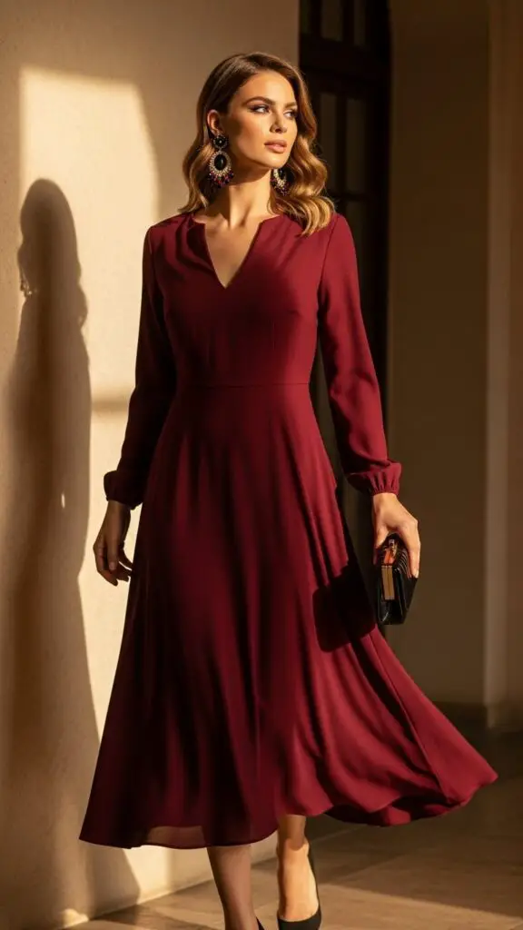 Burgundy Midi Dress with Statement Earrings