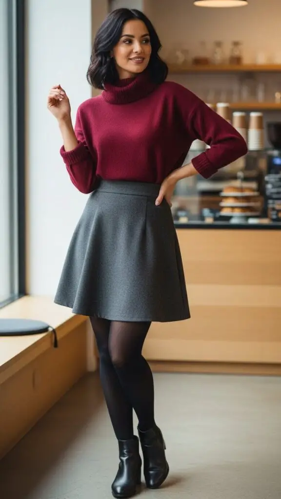 Burgundy Turtleneck + A-Line Skirt